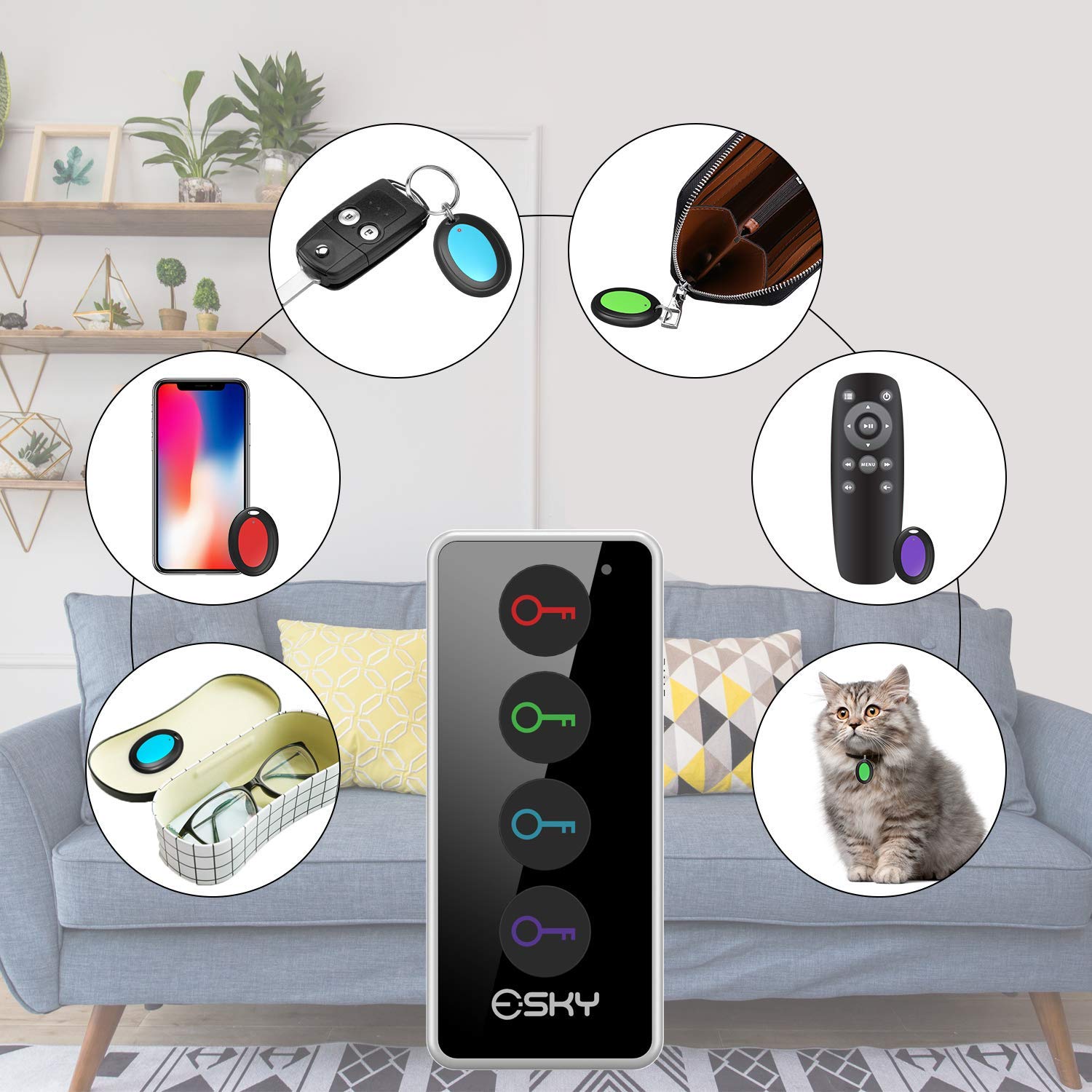 Esky Key Finder - Wallet Tracker, Key Finders & Trackers with 80dB Noise  Sound and 6 Receivers - Wallet Finder and Item Locator for Finding Key